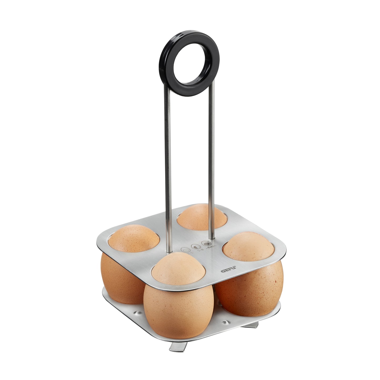 BRUNCH egg stand with chrome base and circular handle, holds 6 eggs