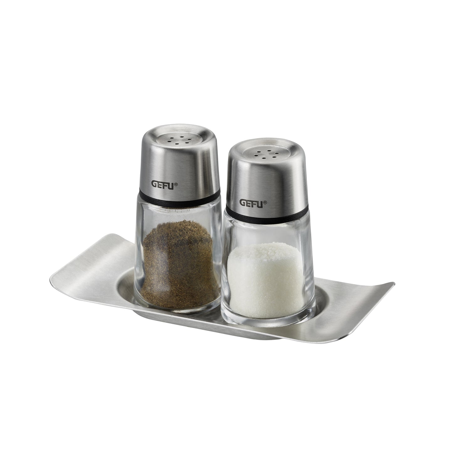 Stainless steel salt and pepper shaker set with metal tray, pepper and salt fill visible