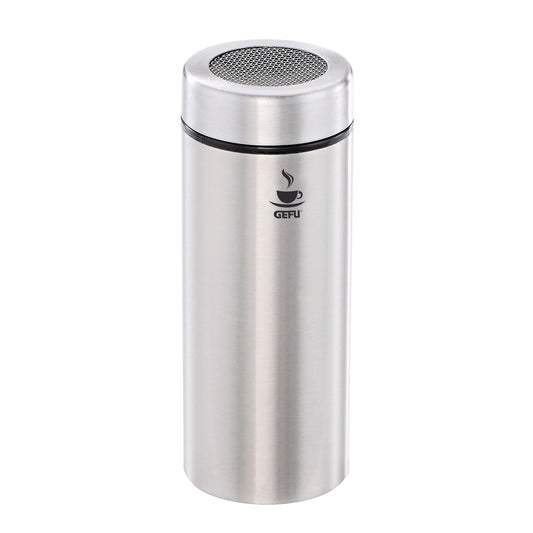 Stainless steel mesh-top shaker with perforated dispensing lid