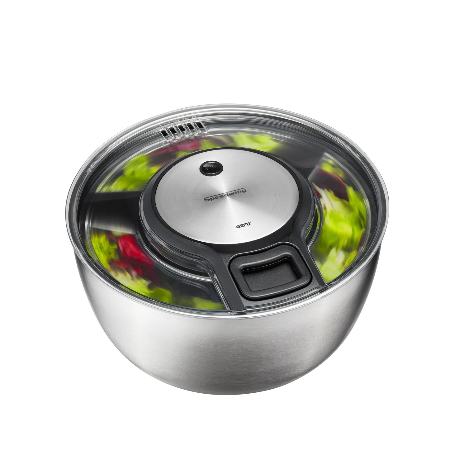 SPEEDWING steel salad spinner with clear lid and stainless bowl