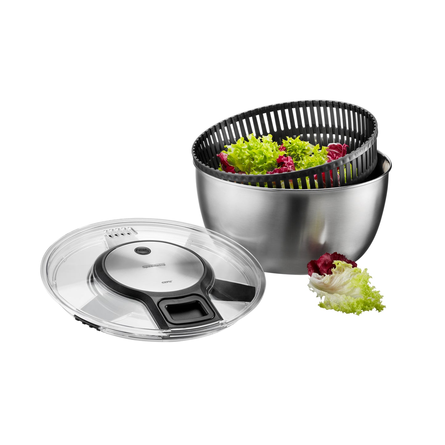Steel salad spinner with inner basket and clear lid, with greens inside