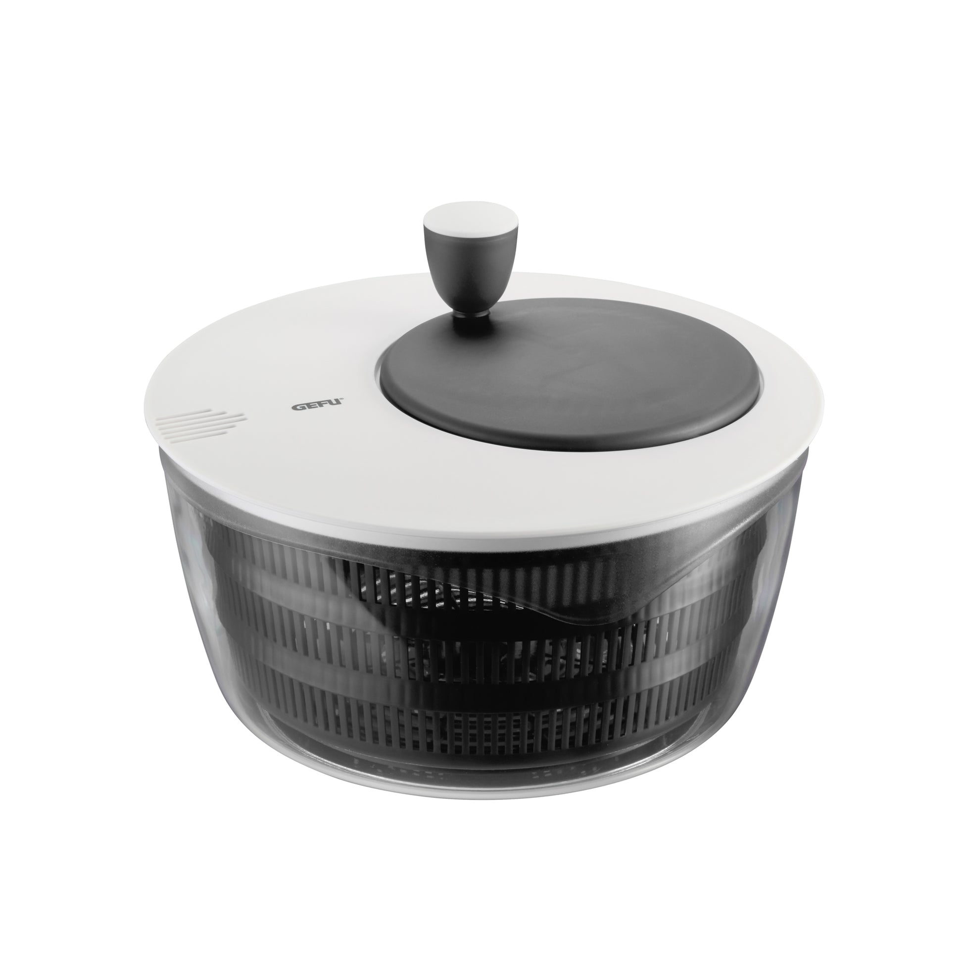 ROTARE salad spinner with black lid, clear bowl and black draining basket