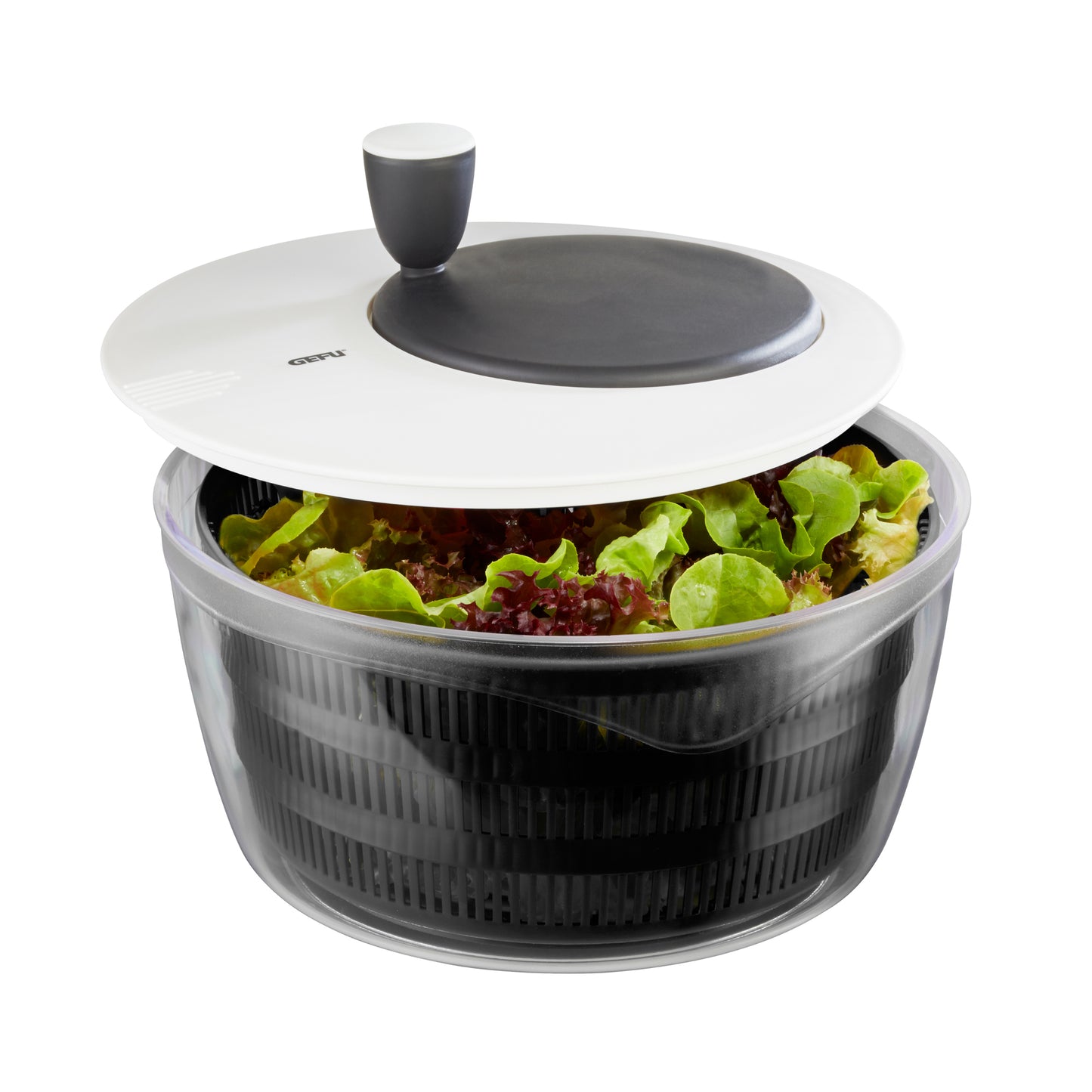 ROTARE salad spinner lid open, showing greens in clear bowl with black basket