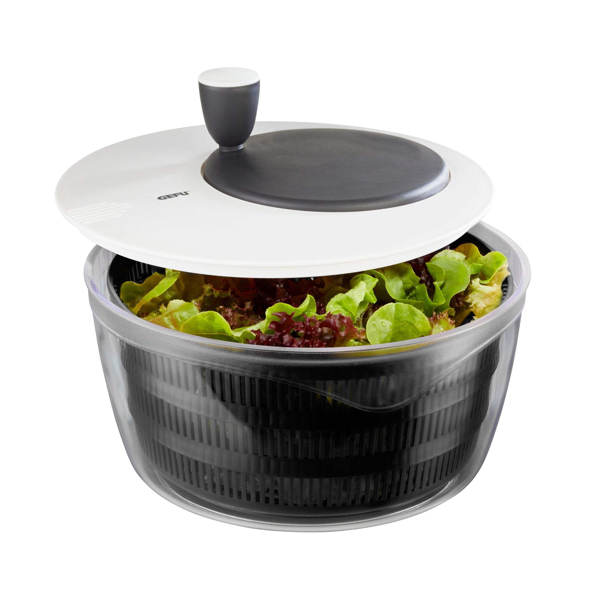 ROTARE salad spinner lid open, showing greens in clear bowl with black basket