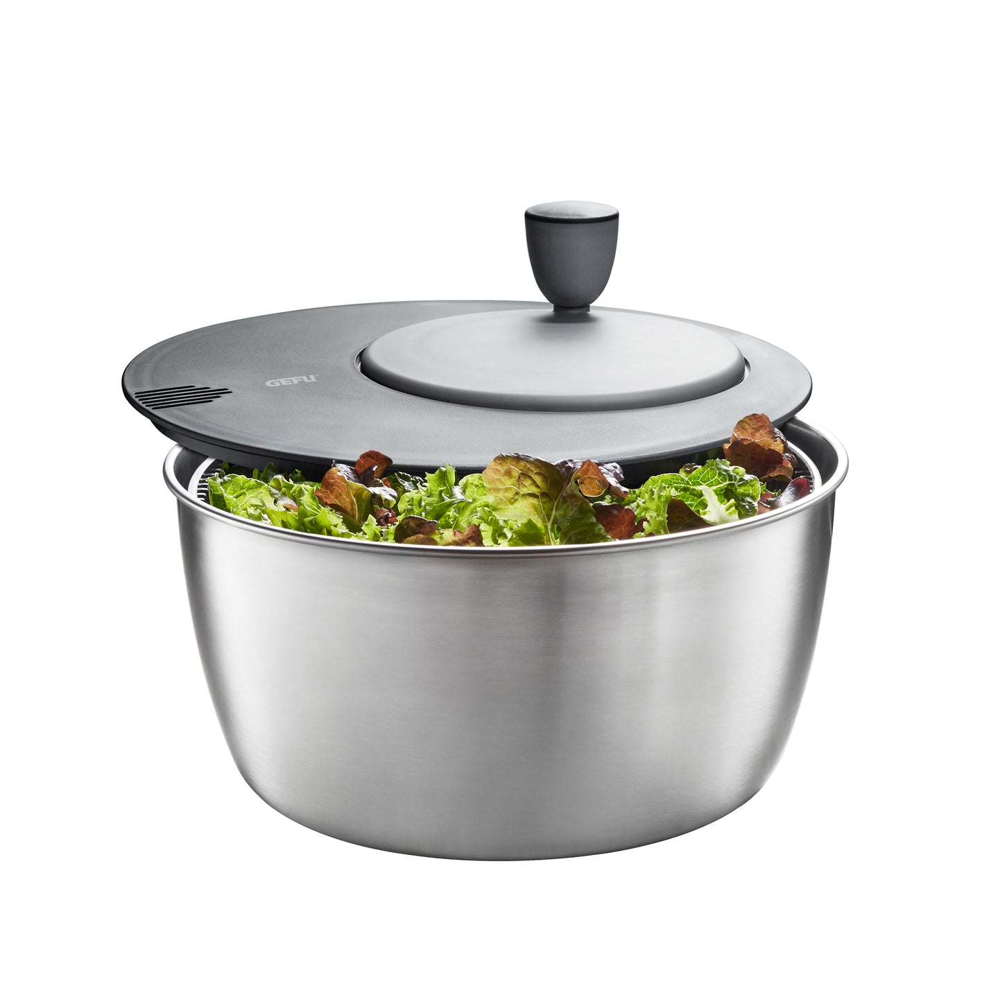Stainless steel salad spinner with domed lid and dark knob