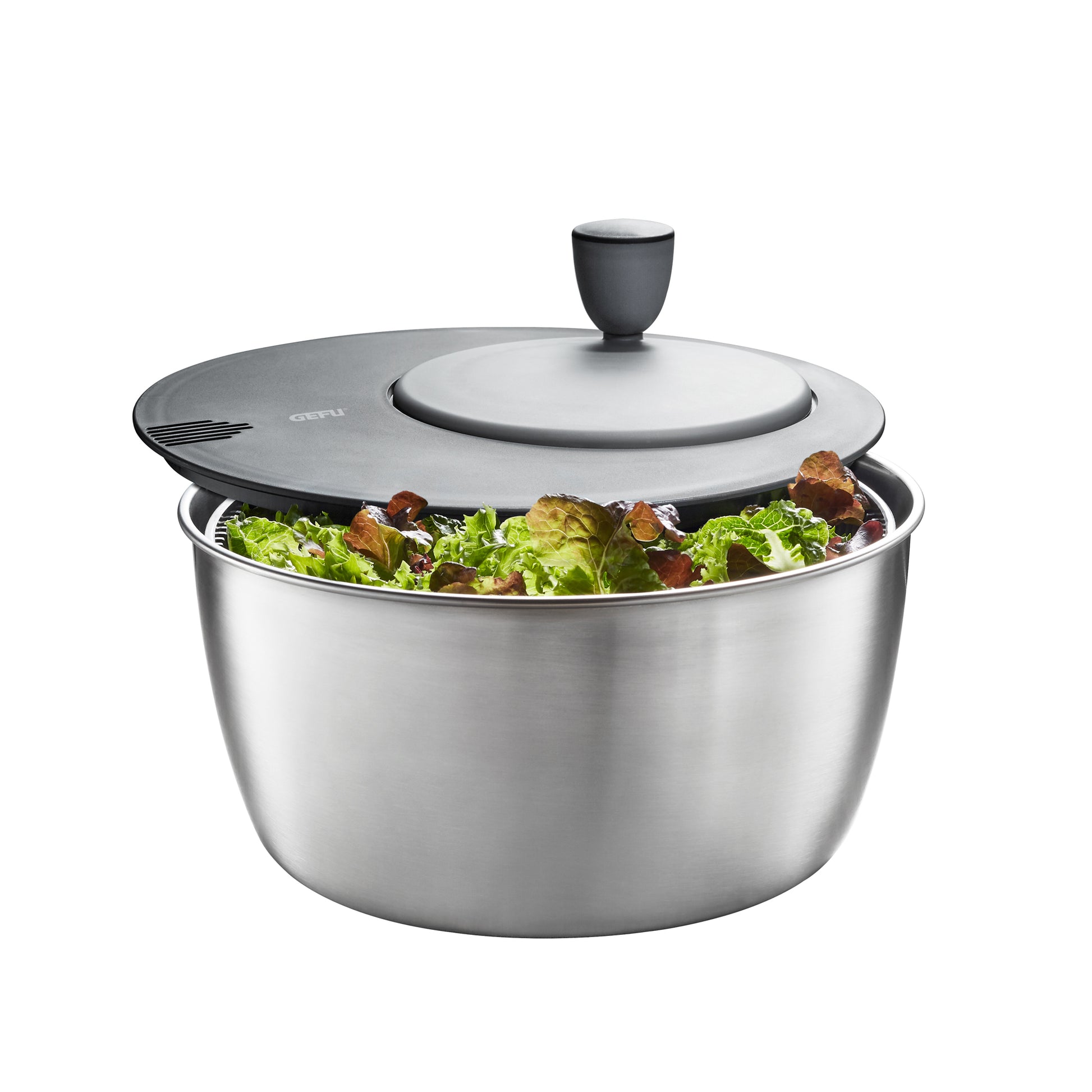 Stainless steel salad spinner with domed lid and dark knob