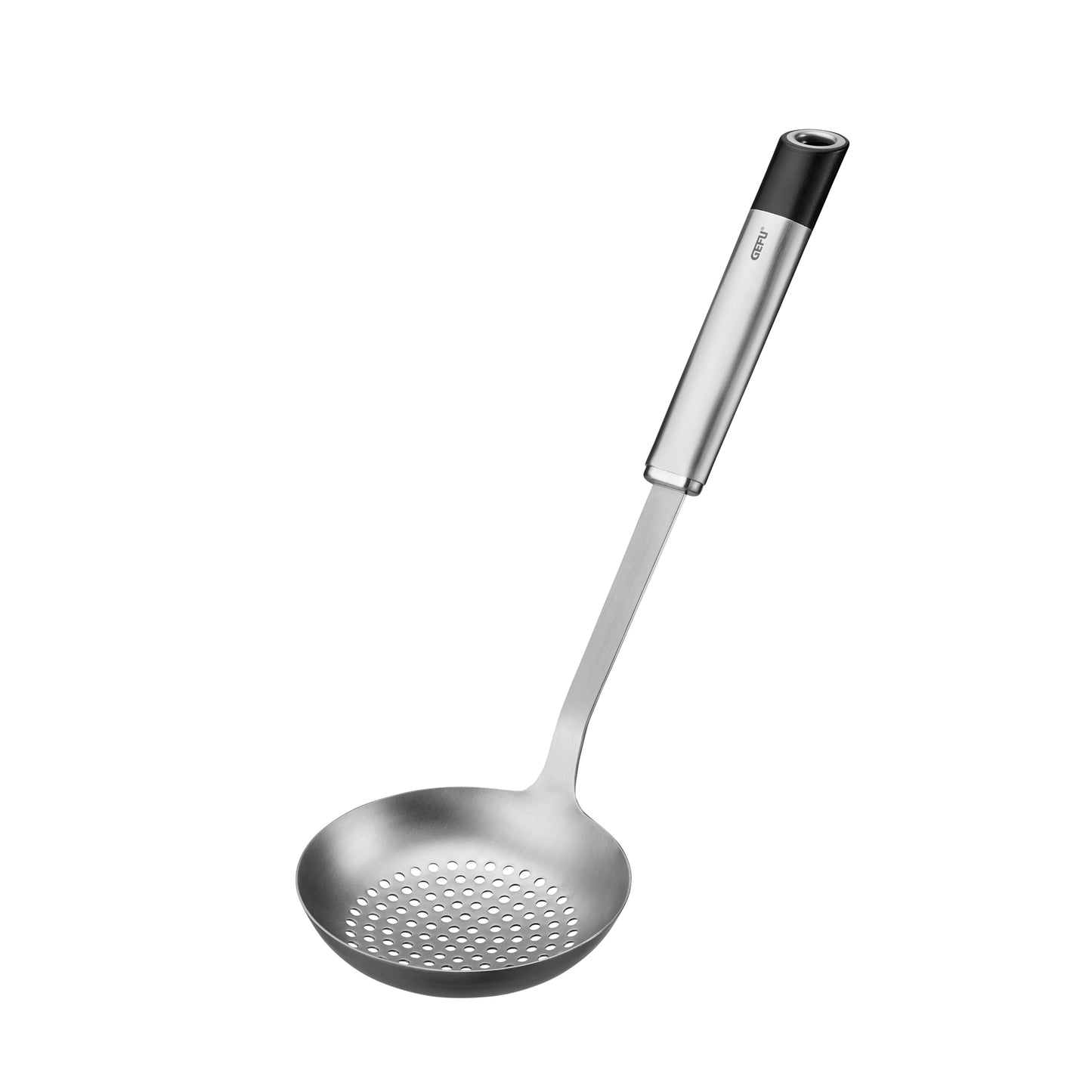 Stainless steel skimmer spoon with perforated bowl and long handle