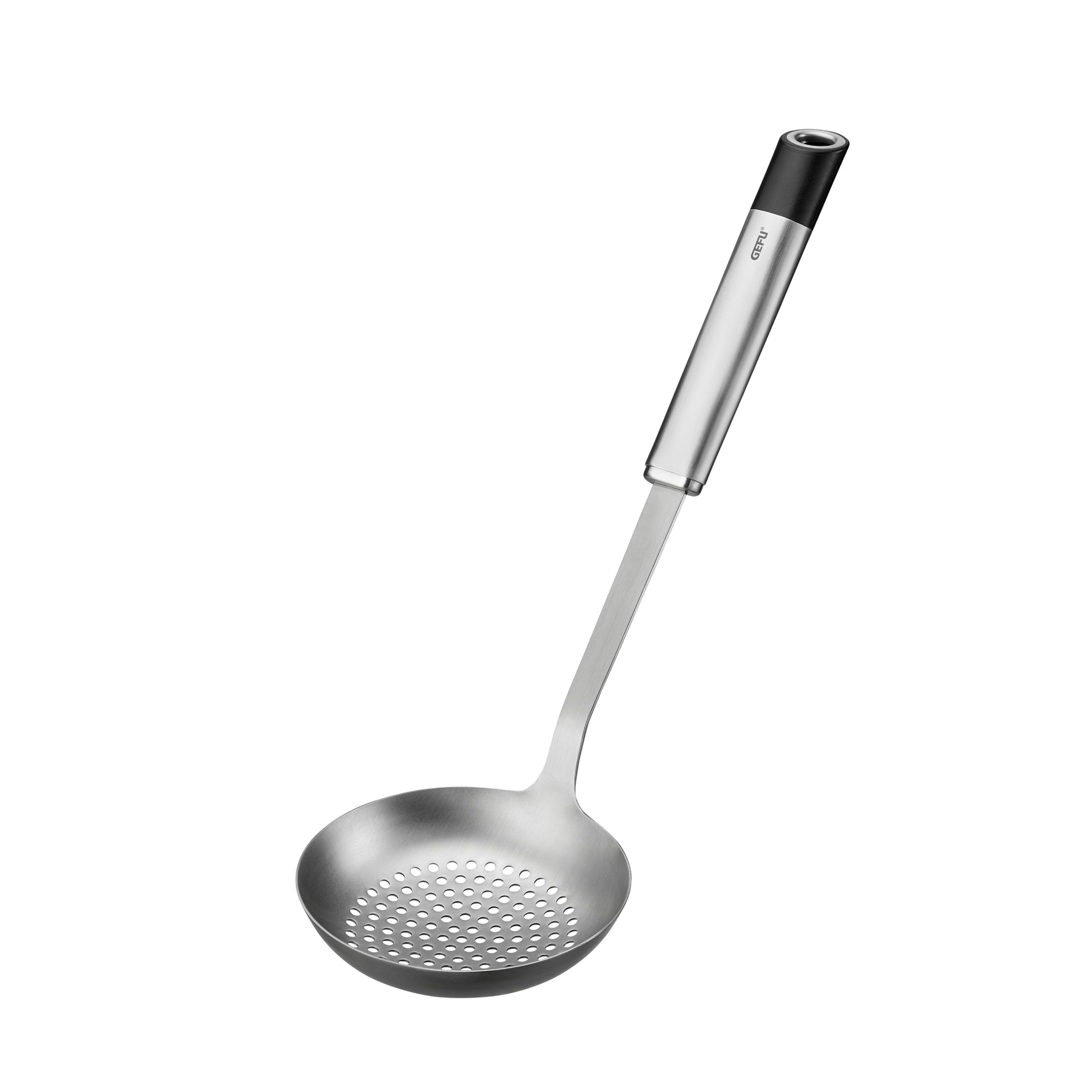 Stainless steel skimmer spoon with perforated bowl and long handle