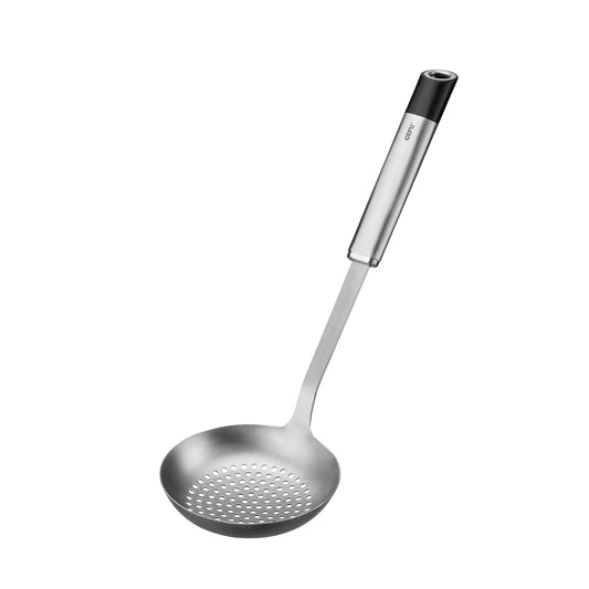 Stainless steel skimmer spoon with perforated bowl and long handle
