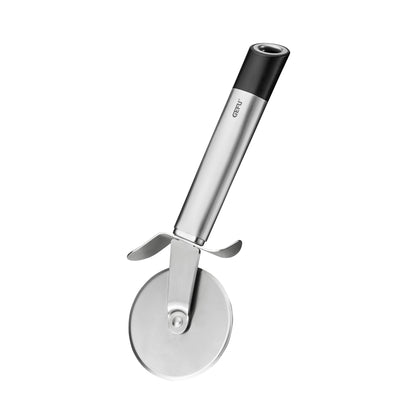 Stainless steel pizza cutter with black handle and rotating wheel