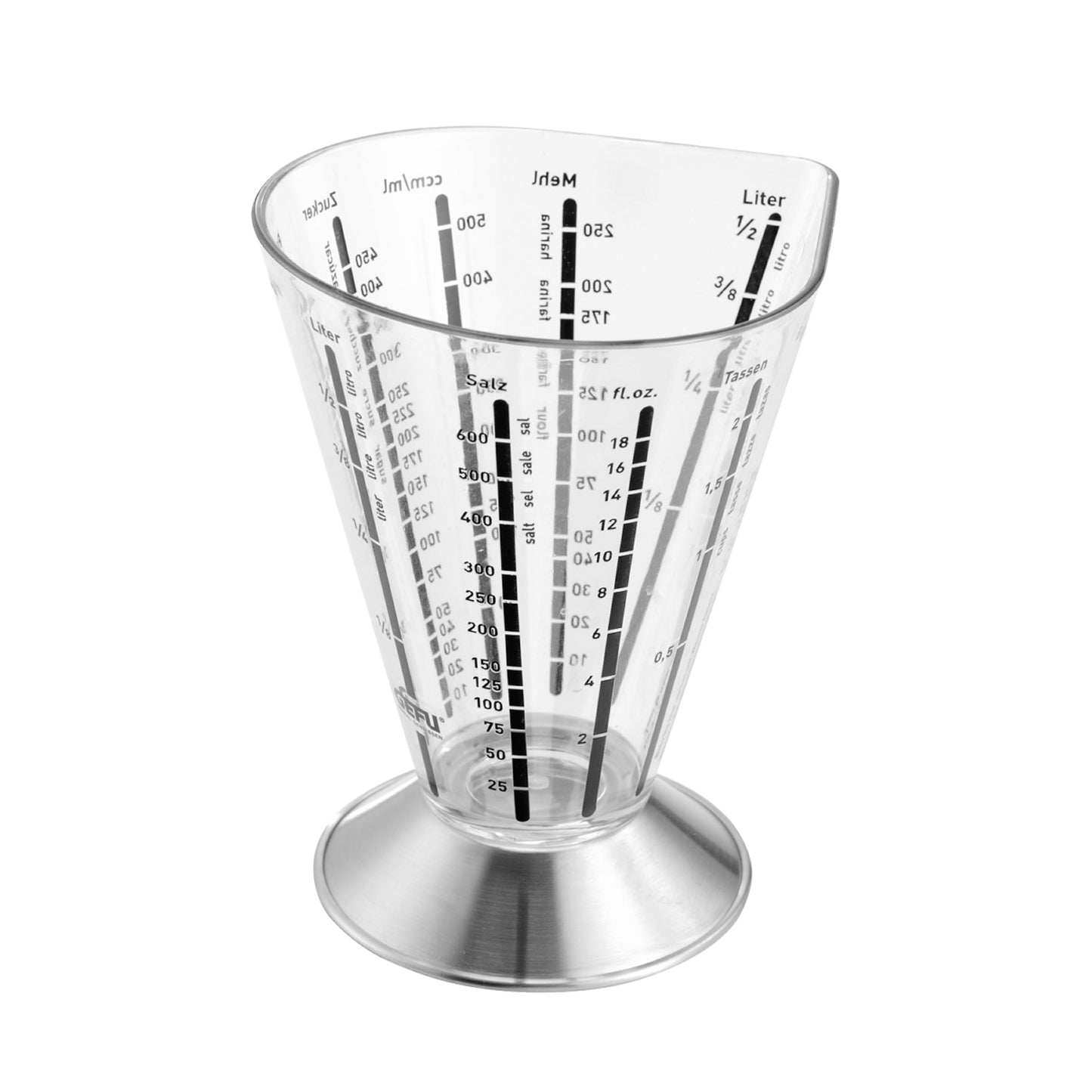 SATURAS measuring cup with clear plastic body, measurement markings, and metal base