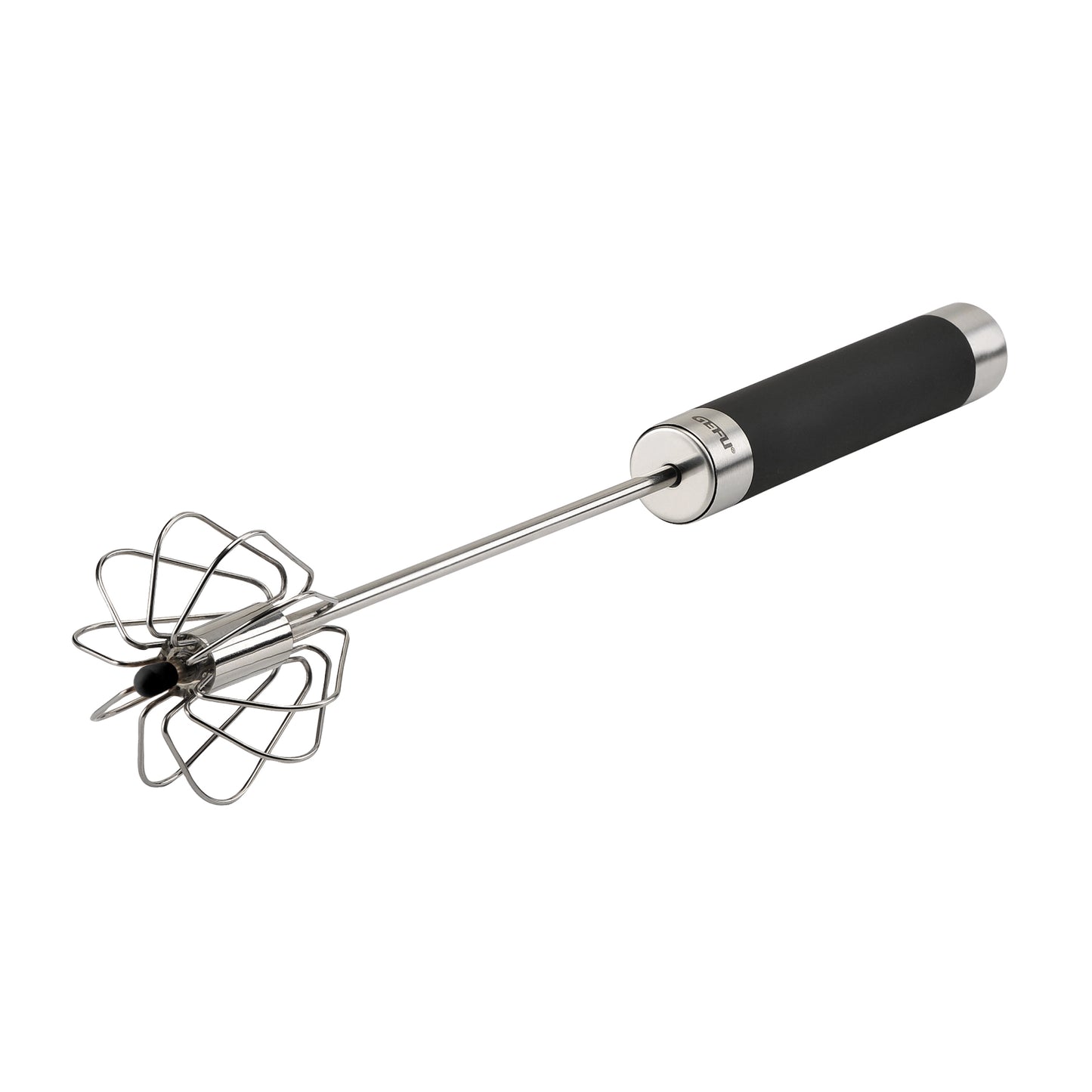 All-purpose whisk with black handle and wire beaters, stainless steel shaft