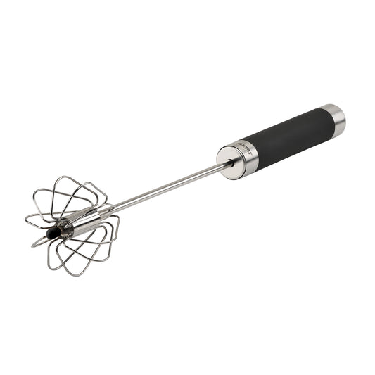 All-purpose whisk with black handle and wire beaters, stainless steel shaft