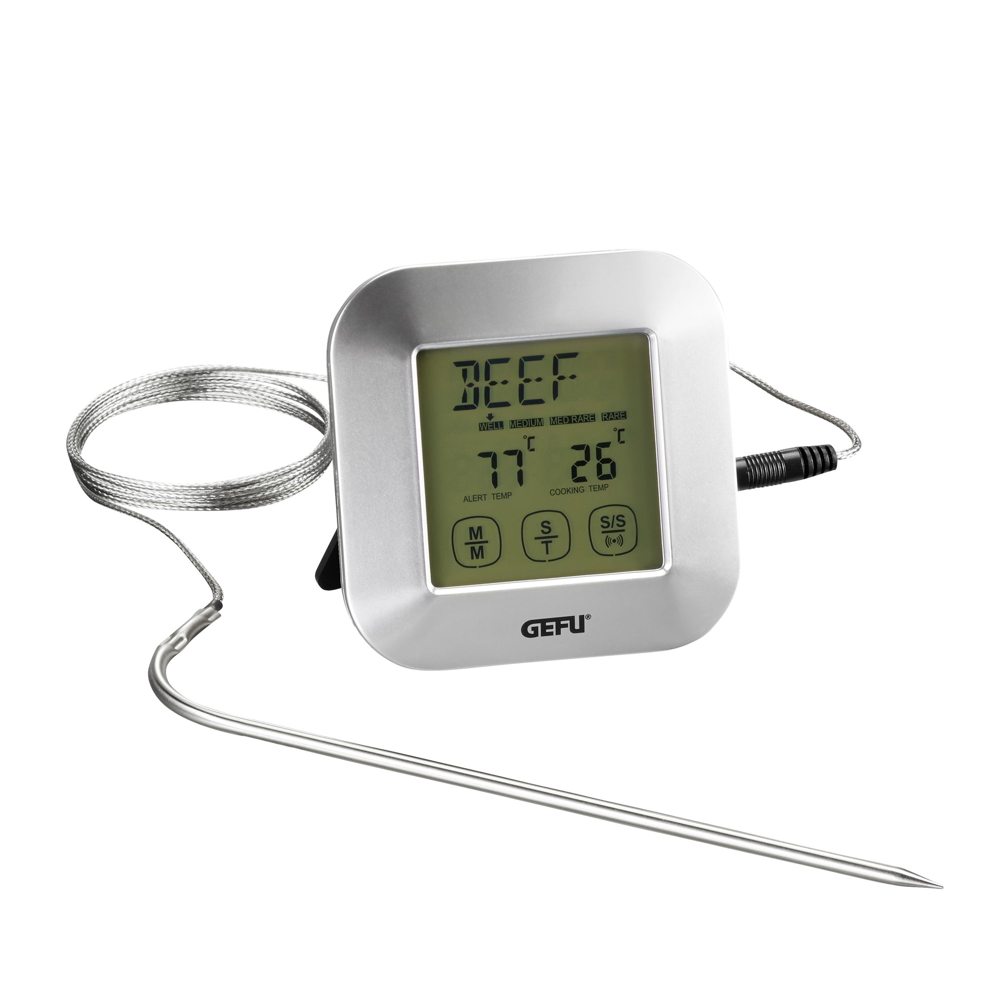 Digital roasting thermometer with timer, LCD screen and metal probe wire.