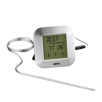 Digital roasting thermometer with timer, LCD screen and metal probe wire.