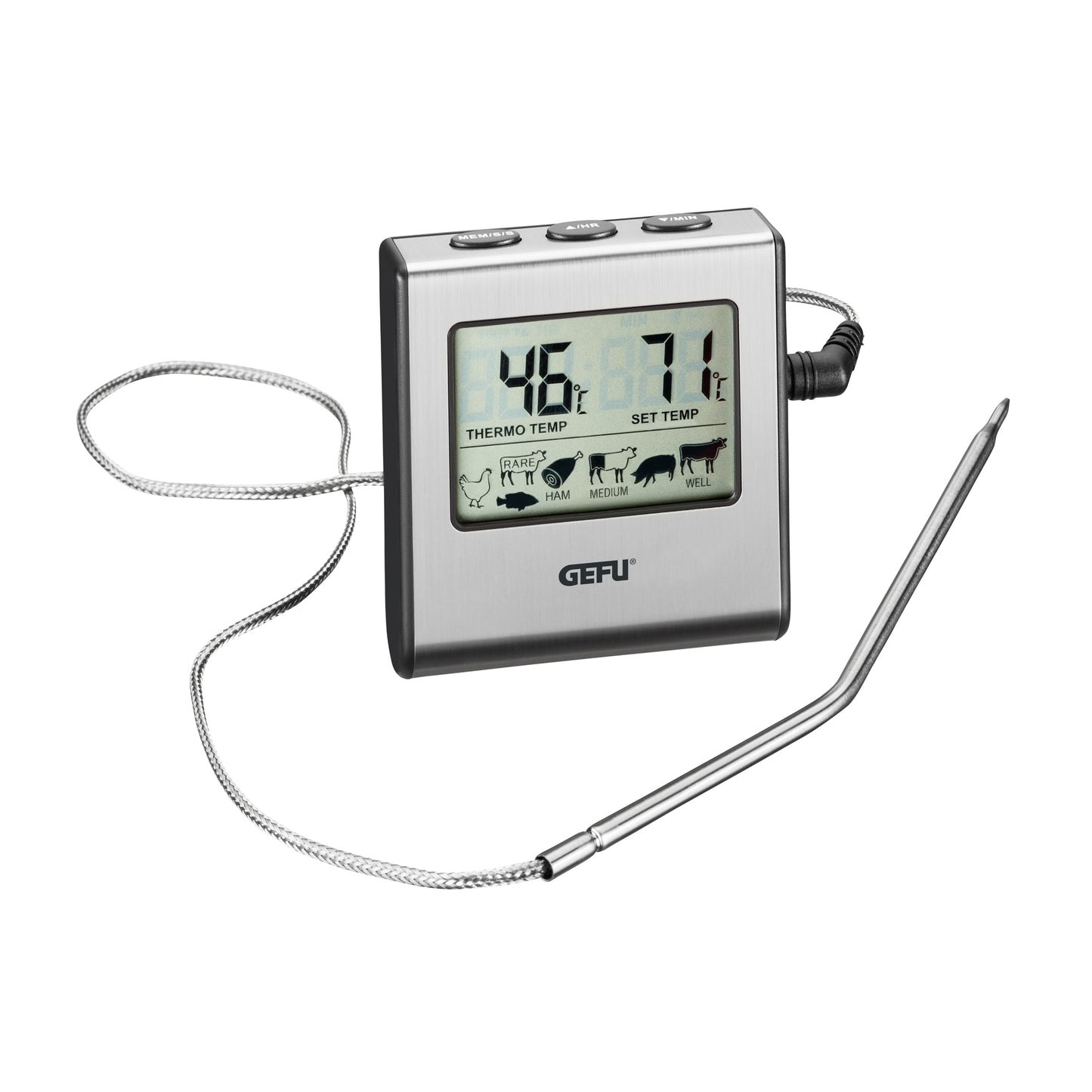 Digital roast thermometer with timer, screen display and stainless probe