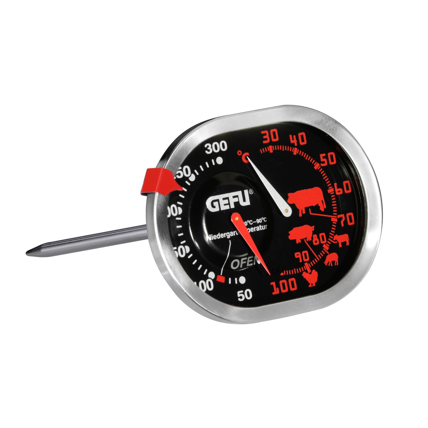 Oven thermometer with metal probe and red temperature dial, black face