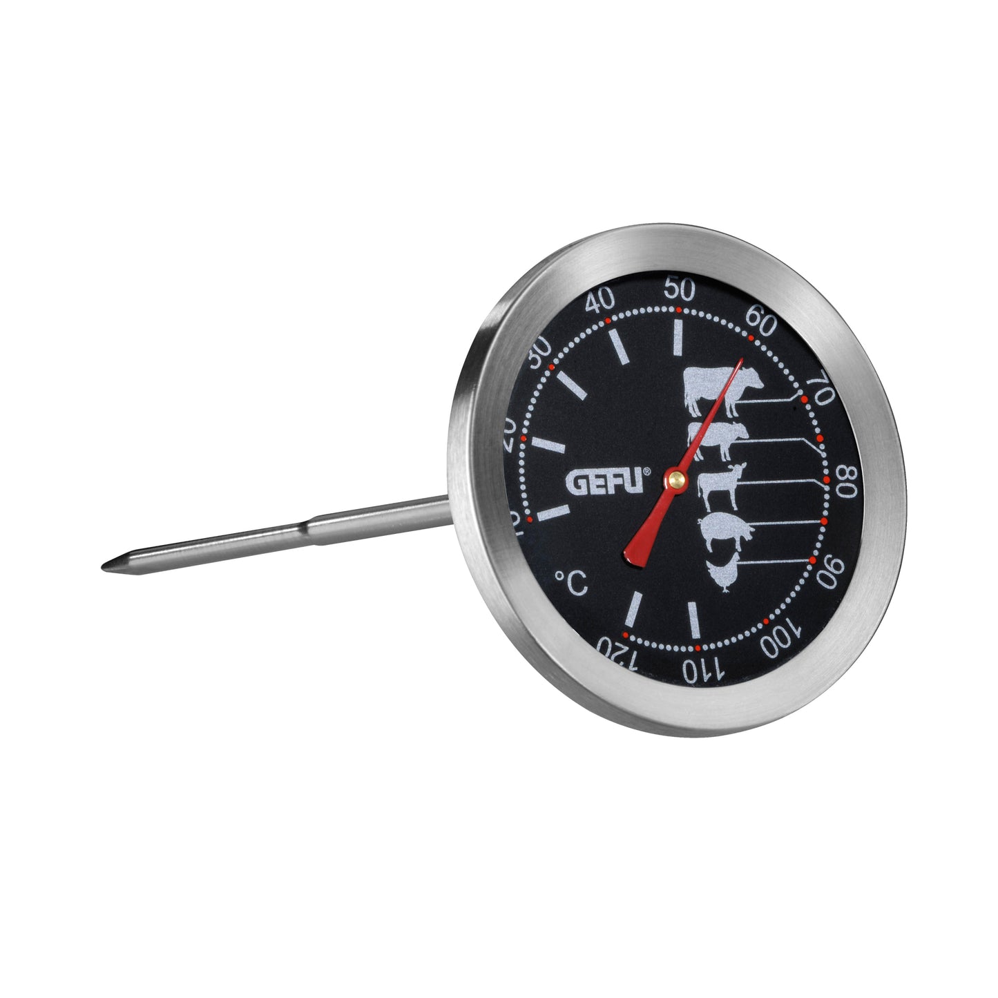 Roast thermometer with metal probe and dial showing temperature in °C and °F