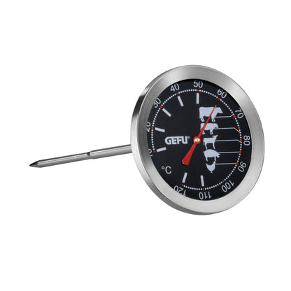 Roast thermometer with metal probe and dial showing temperature in °C and °F