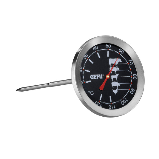 Roast thermometer with metal probe and dial showing temperature in °C and °F