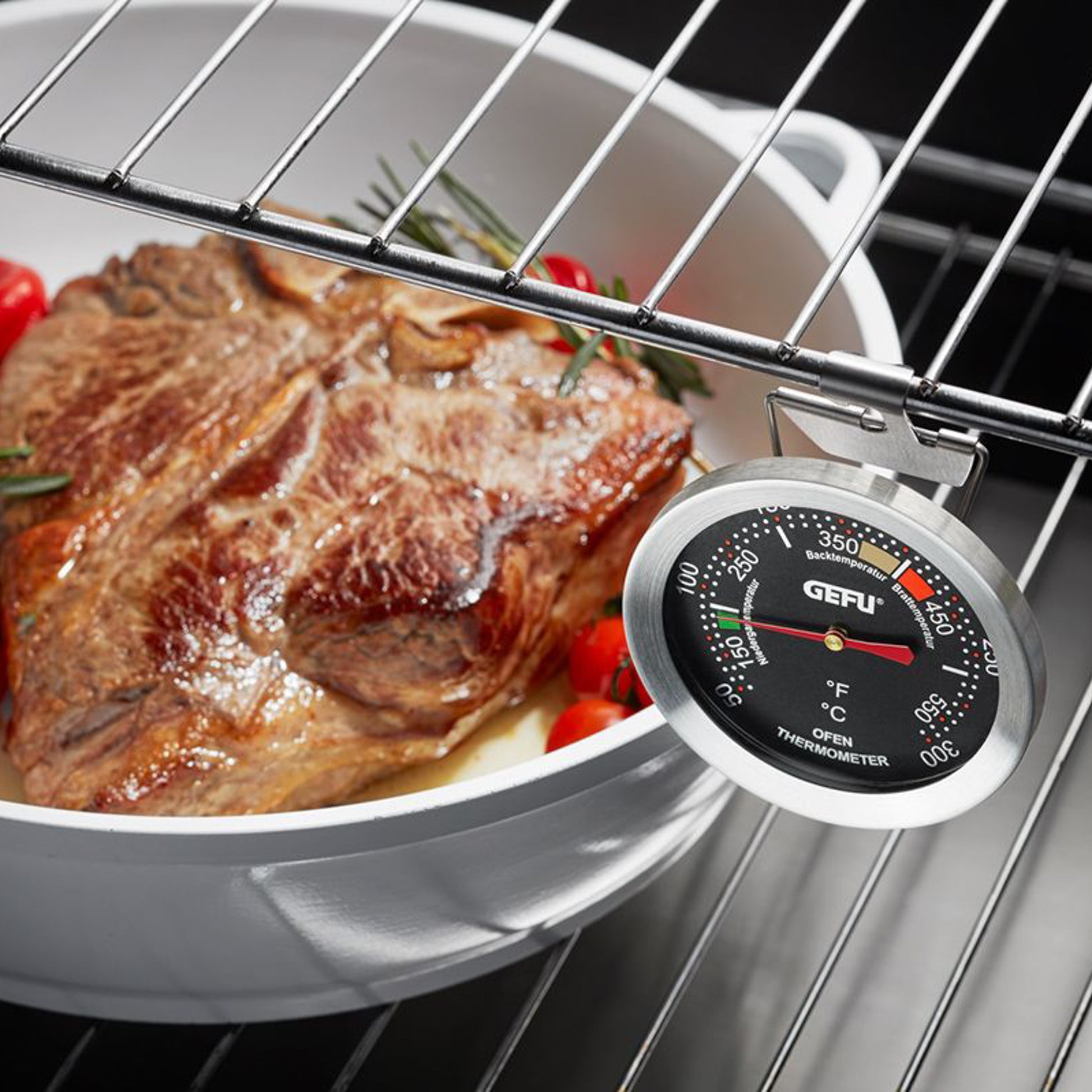 Oven thermometer clipped to oven rack with temperature dial