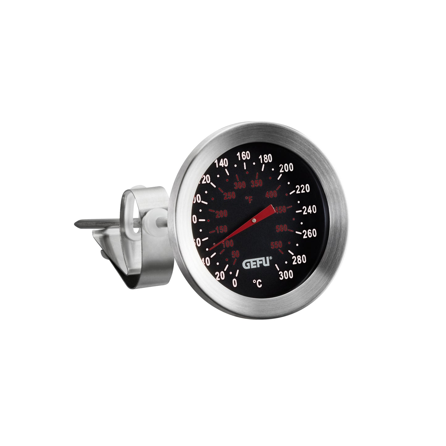 Stainless steel cooking thermometer with round dial, clip mount, and red temperature markings