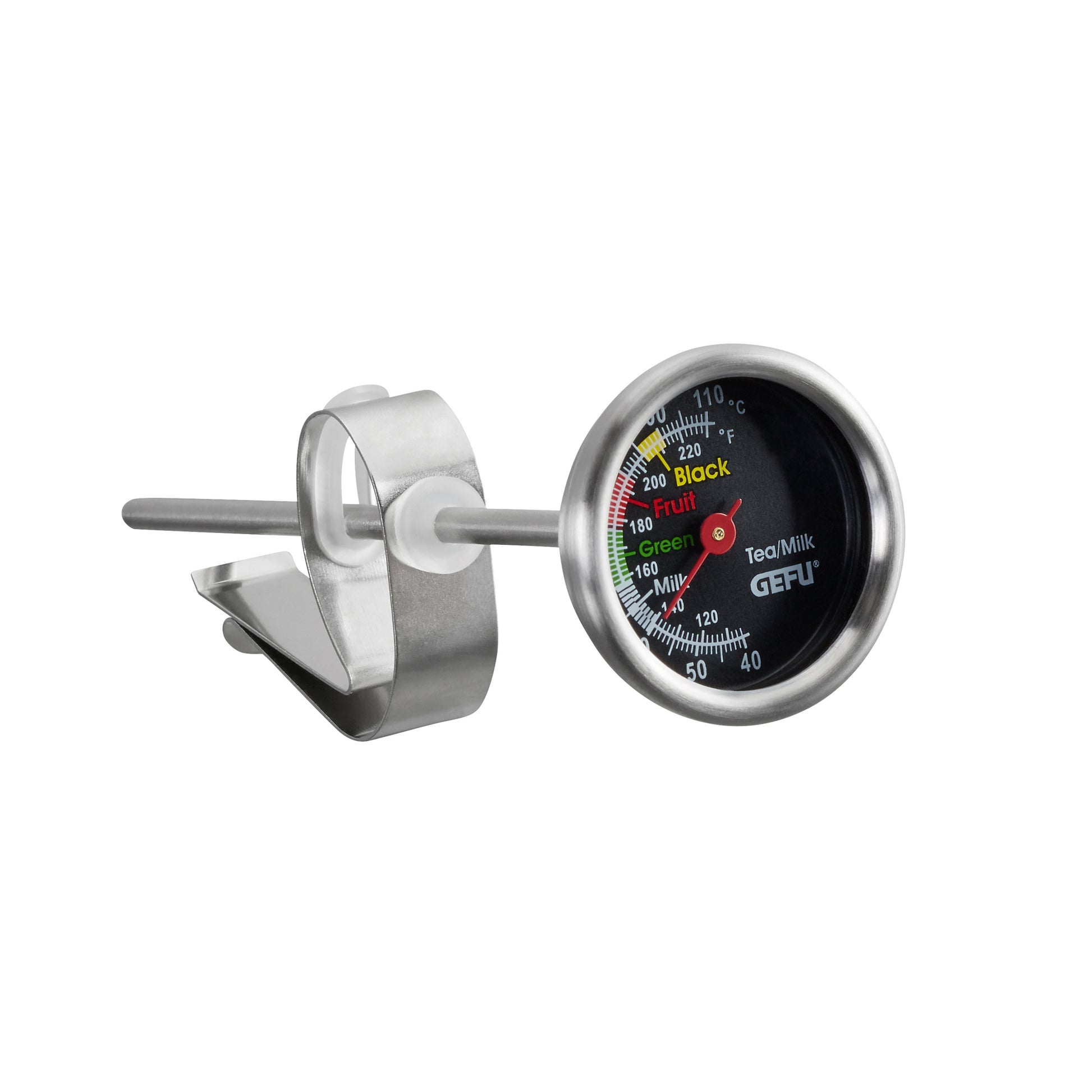 Tea and milk thermometer with round dial, metal probe, and clip mount