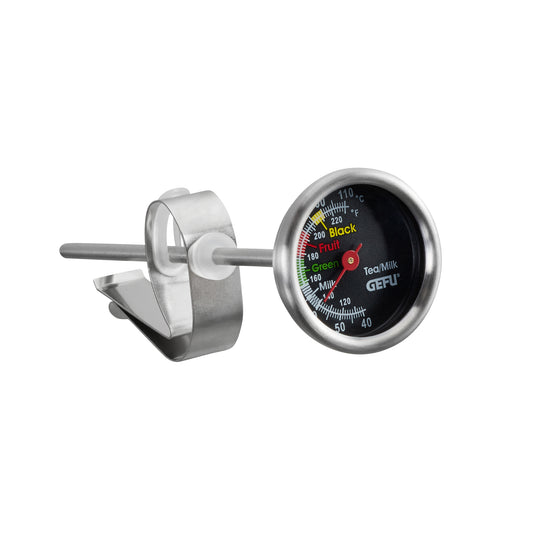 Tea and milk thermometer with round dial, metal probe, and clip mount