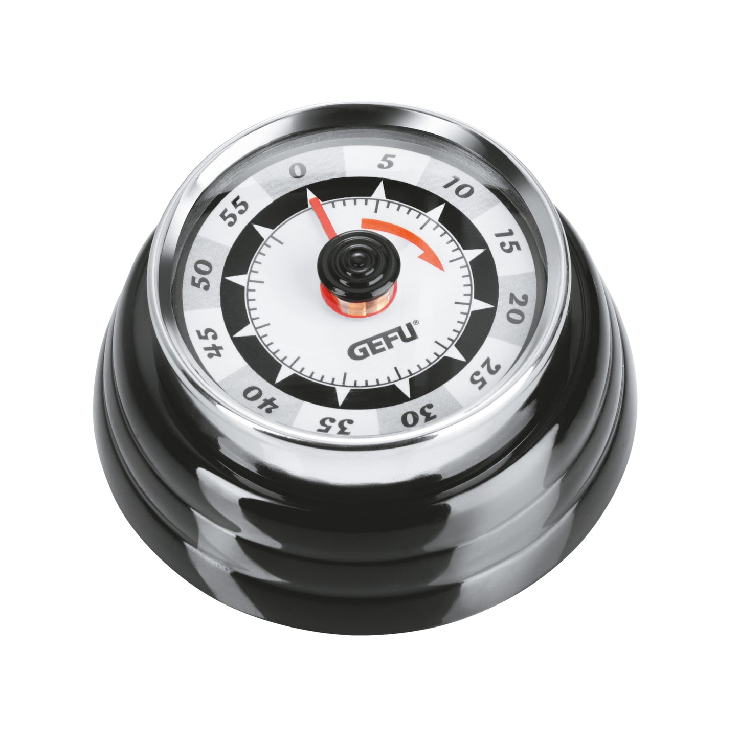 Retro timer dial with black casing and orange indicator ring, metal face