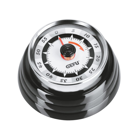Retro timer dial with black casing and orange indicator ring, metal face