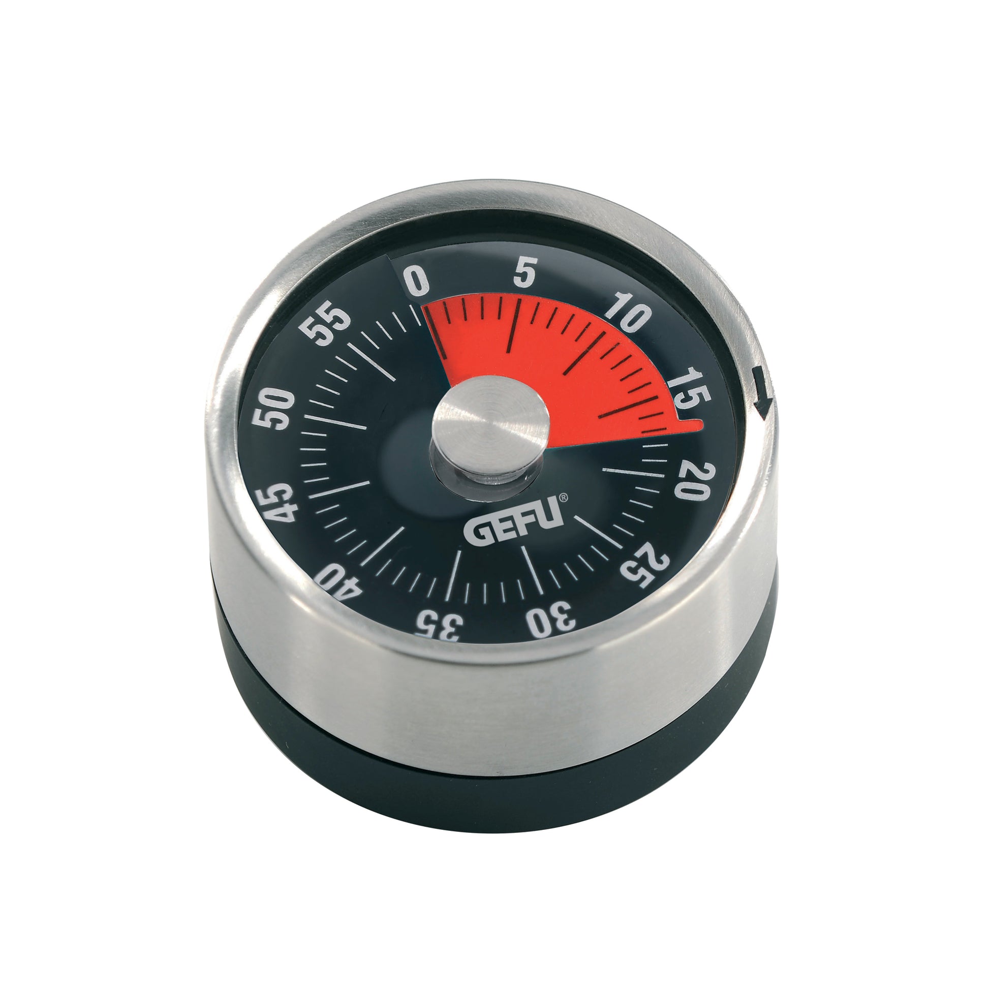 GEFU OPTICO timer with red-and-black rotating dial and silver bezel