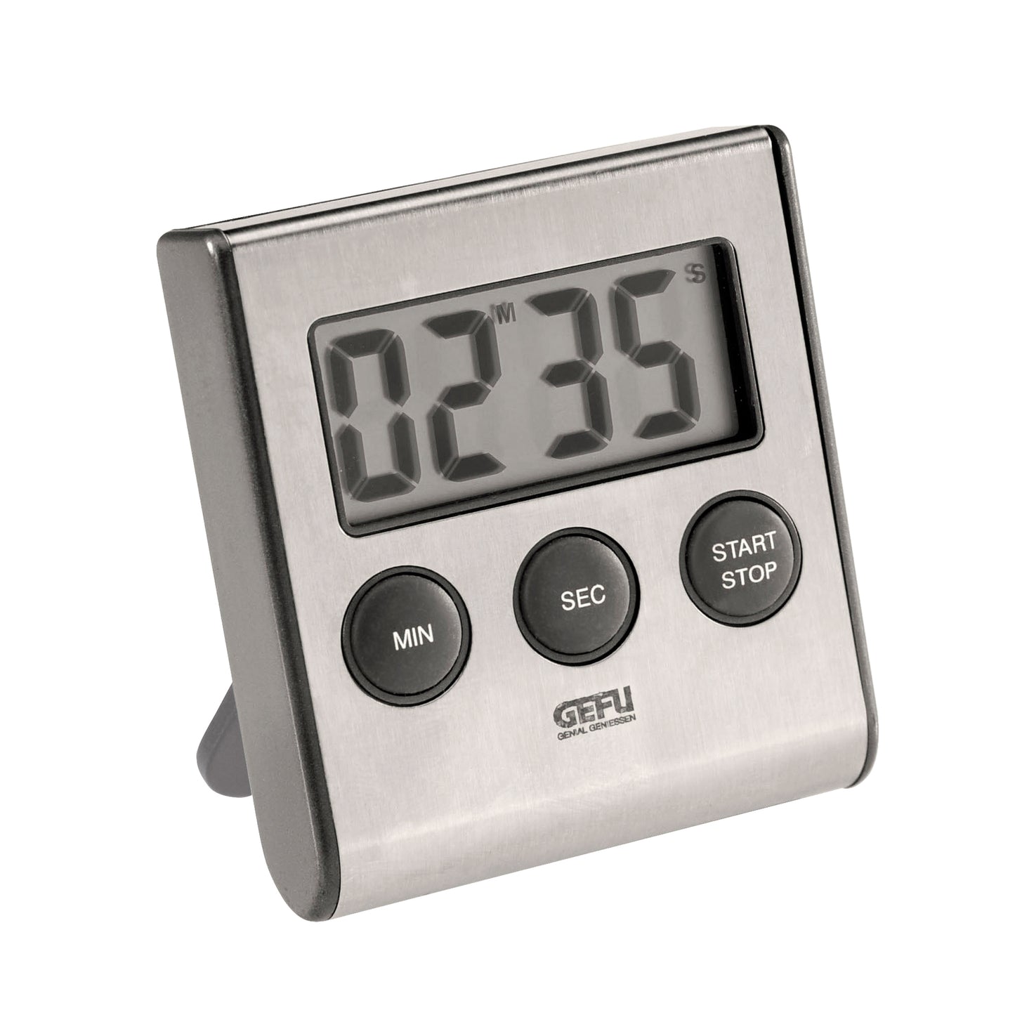Digital timer with large LCD display and MIN/SEC/START STOP buttons, brushed metal case