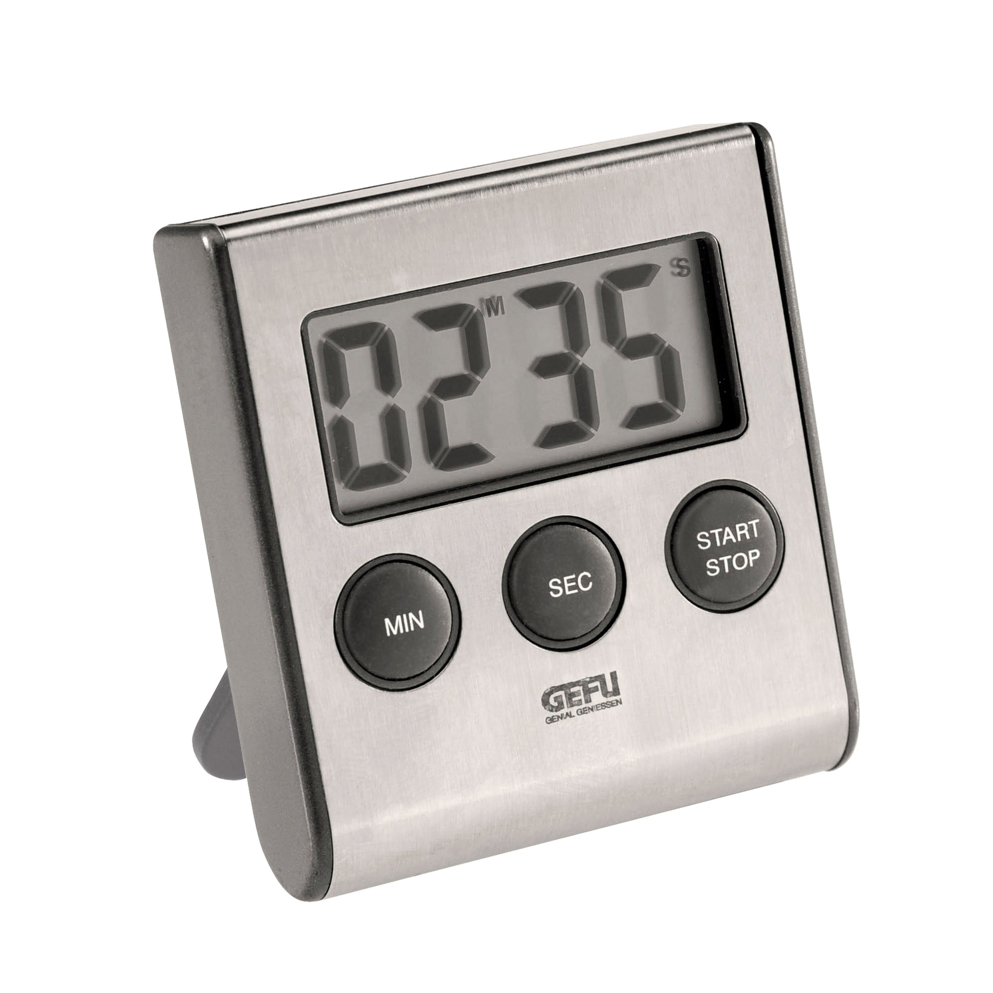Digital timer with large LCD display and MIN/SEC/START STOP buttons, brushed metal case