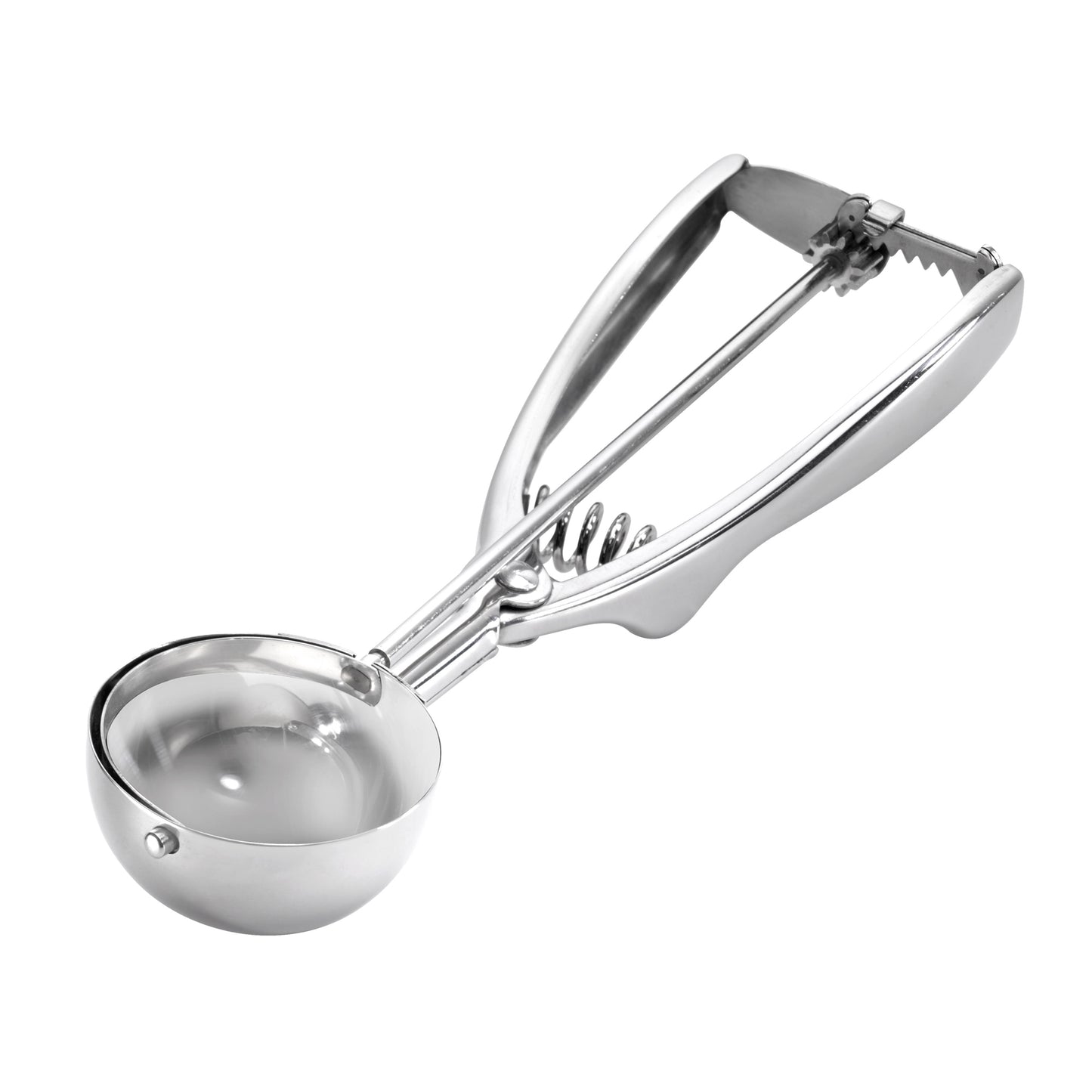 Stainless steel ice cream scoop with lever handle and round bowl