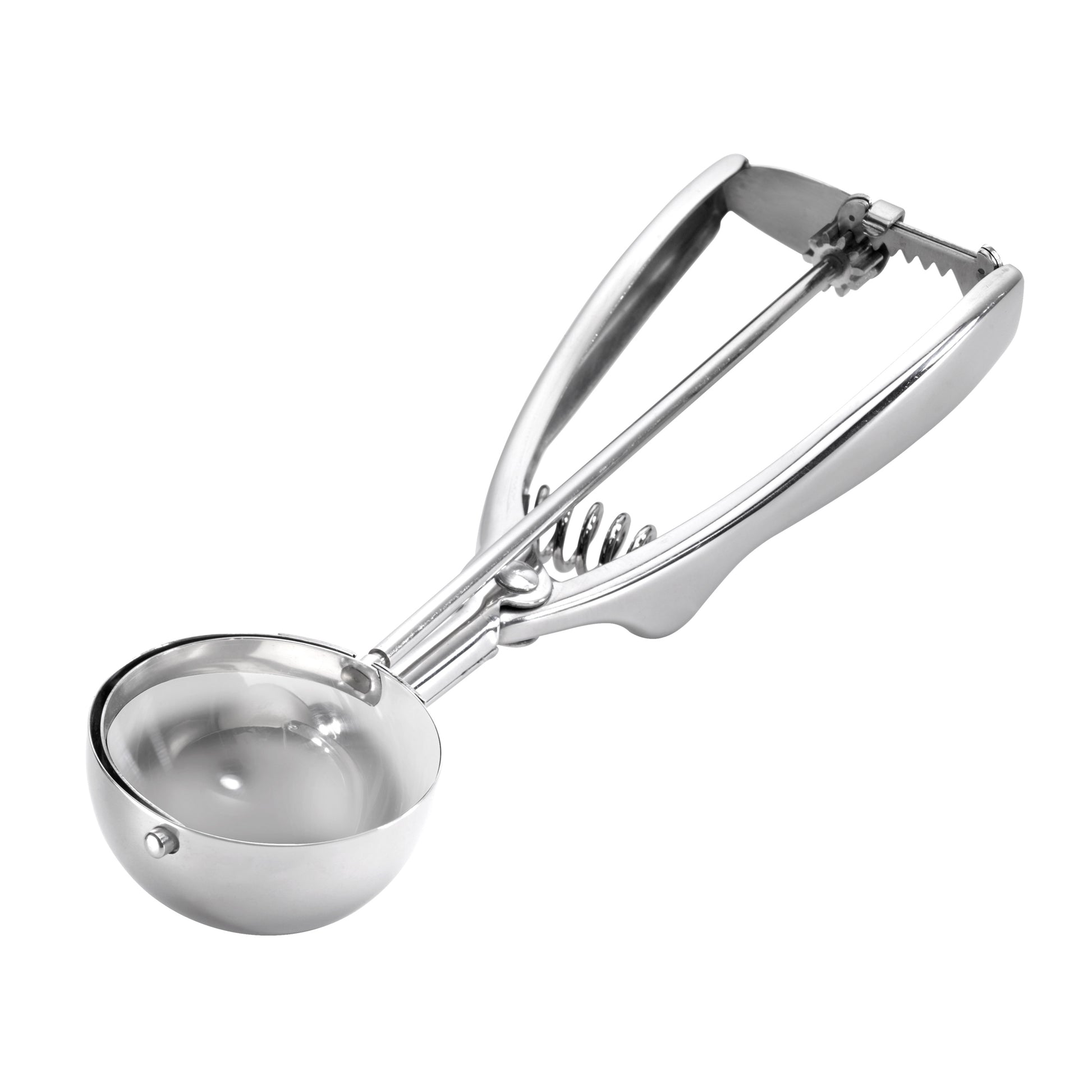 Stainless steel ice cream scoop with lever handle and round bowl