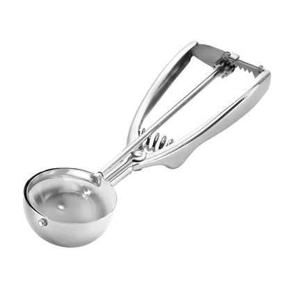 Stainless steel ice cream scoop with lever handle and round bowl