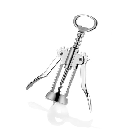 Lever corkscrew with metal ring handle, spiral screw, and chrome body