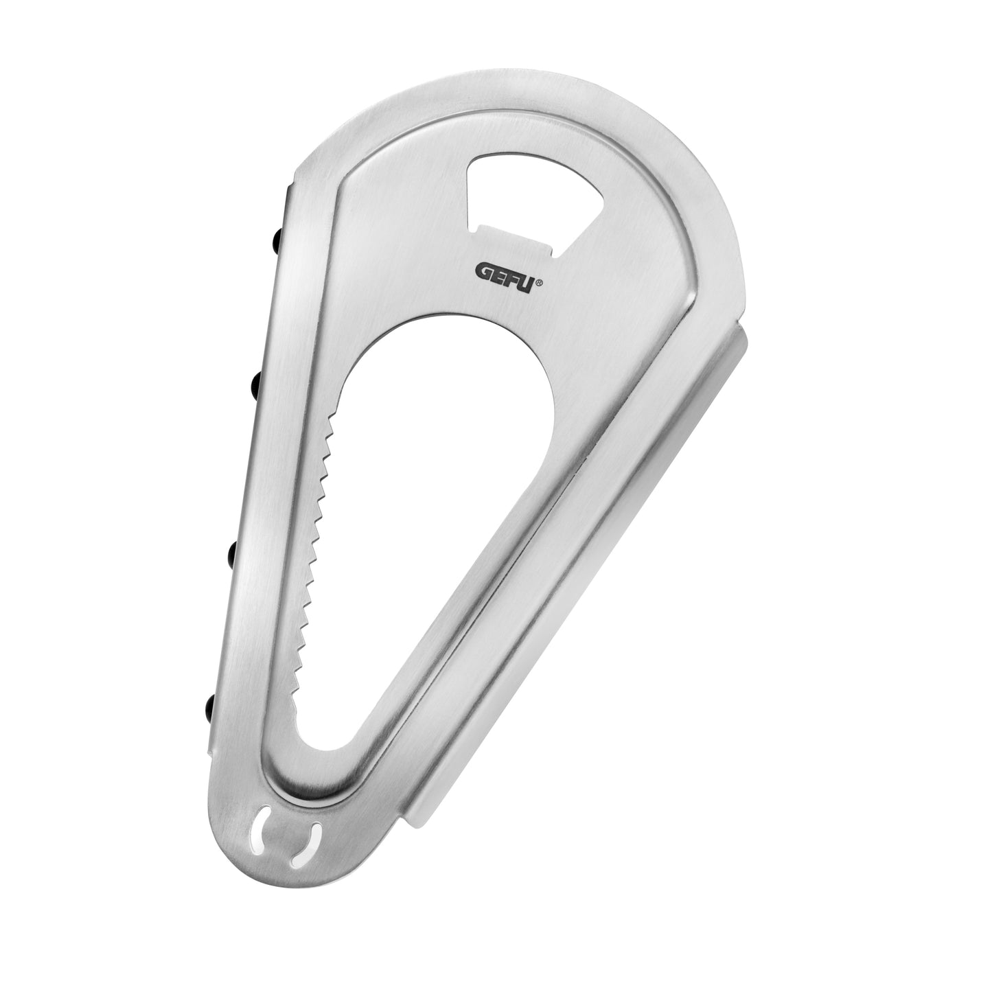 Silver multi-purpose bottle and can opener tool with saw edge and grip cutout