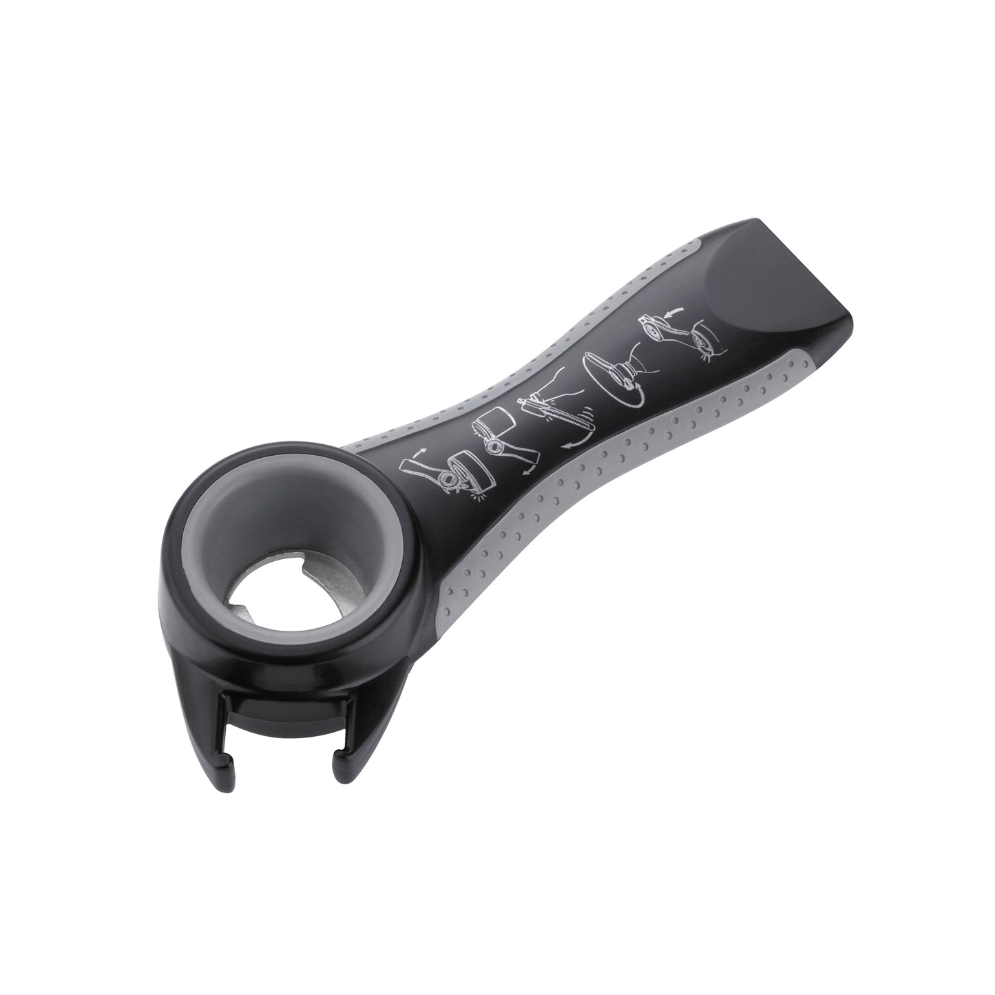 Black 5-in-1 can and bottle opener tool with circular grip opening