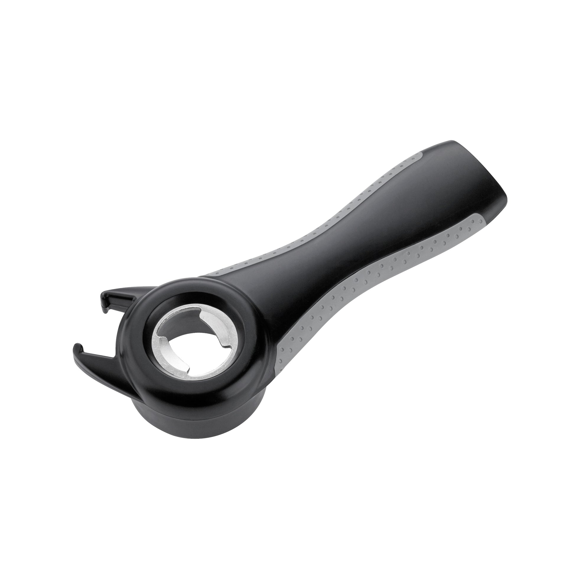 Black 5-in-1 can opener tool with circular cap head and hooked end
