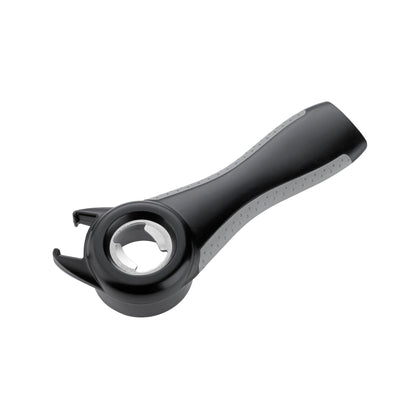 Black 5-in-1 can opener tool with circular cap head and hooked end