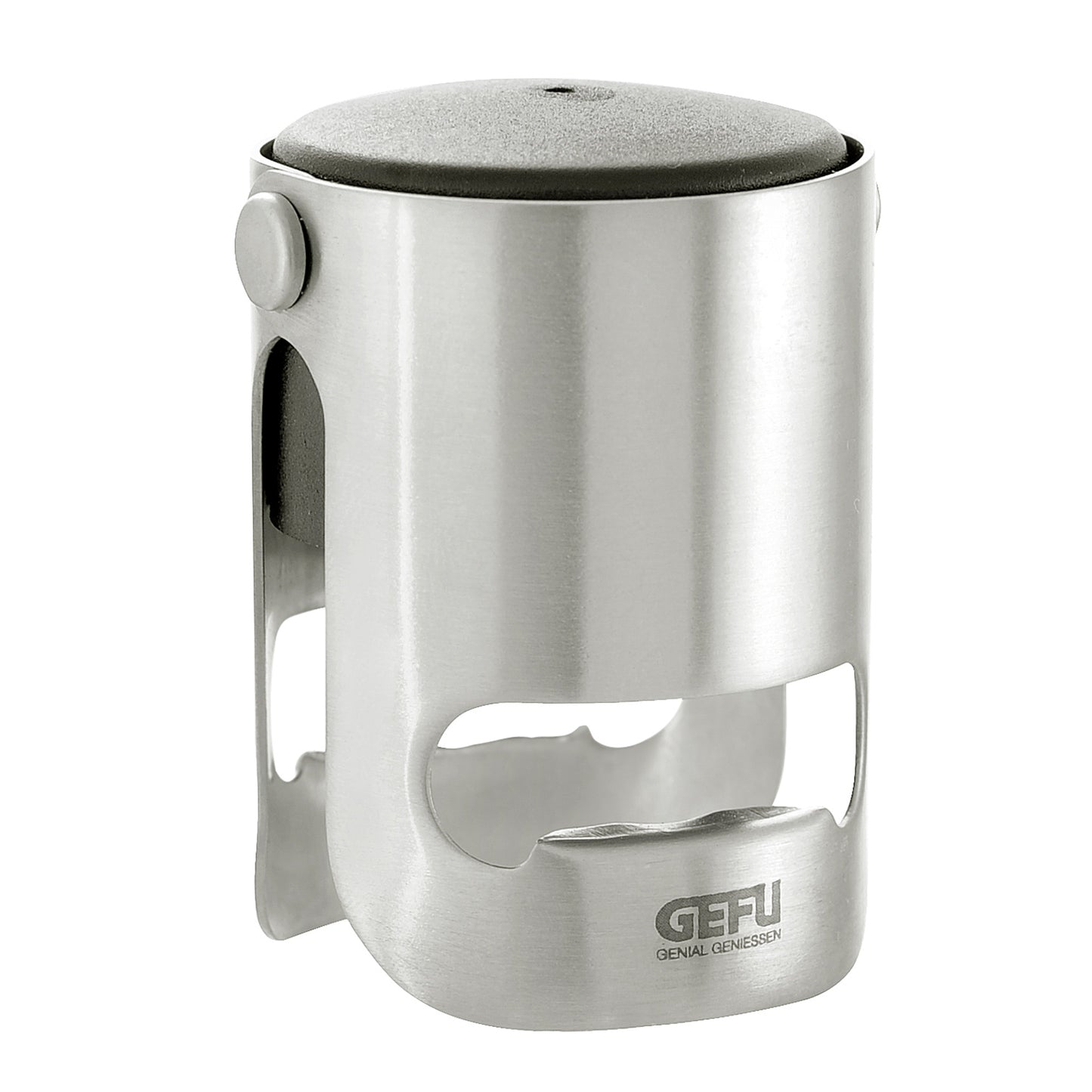 Stainless steel sparkling wine stopper with black cap and hinged lever