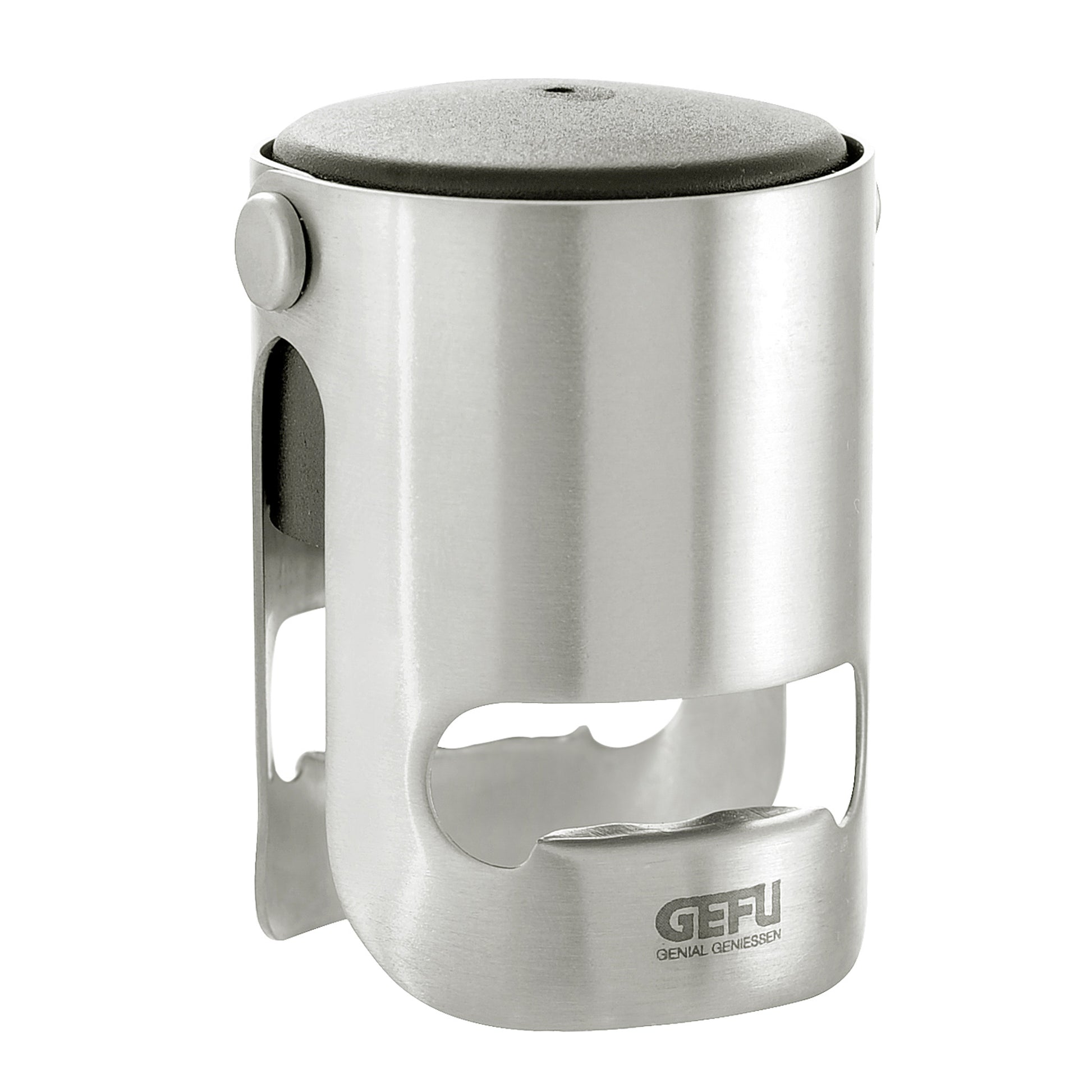 Stainless steel sparkling wine stopper with black cap and hinged lever