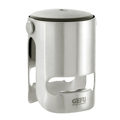 Stainless steel sparkling wine stopper with black cap and hinged lever