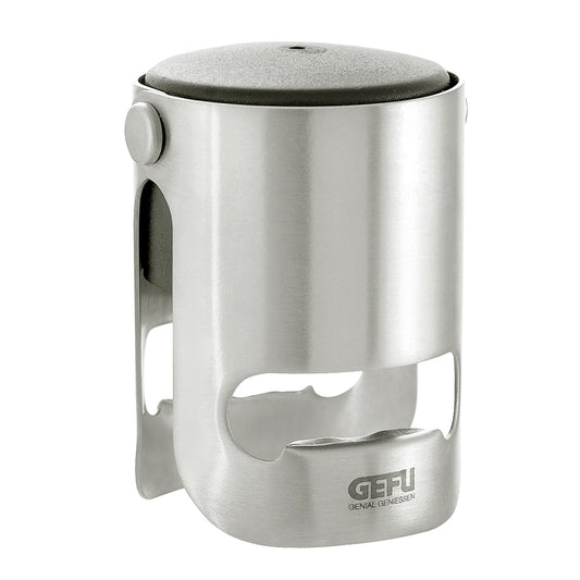 Stainless steel sparkling wine stopper with black cap and hinged lever
