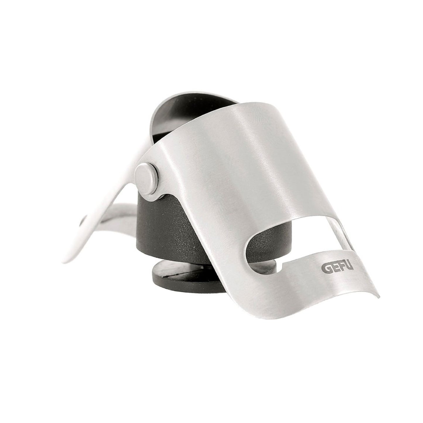 Metal sparkling wine stopper with black base, side lever, and rounded handle