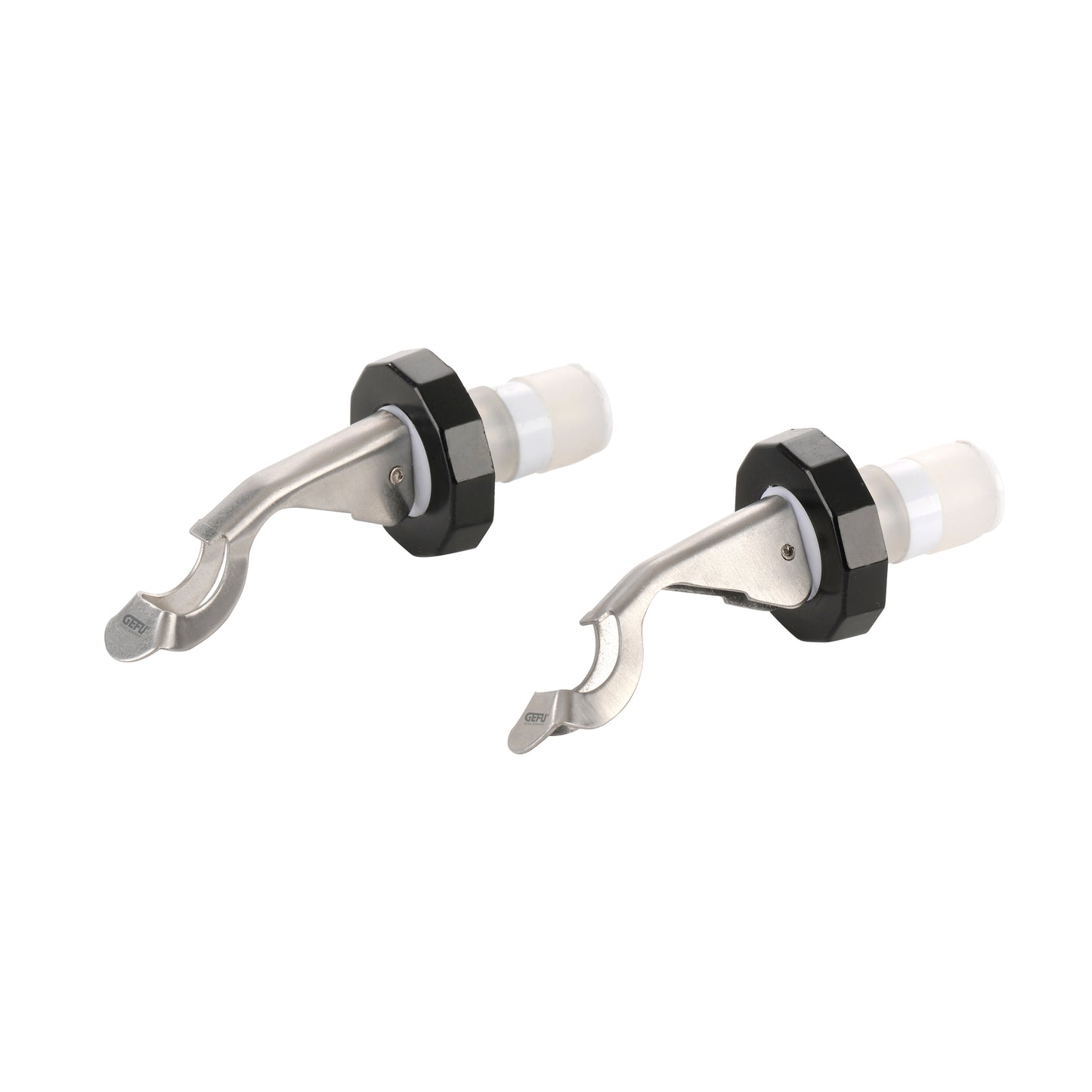 Bottle stopper set with black caps and chrome lever, two-piece design