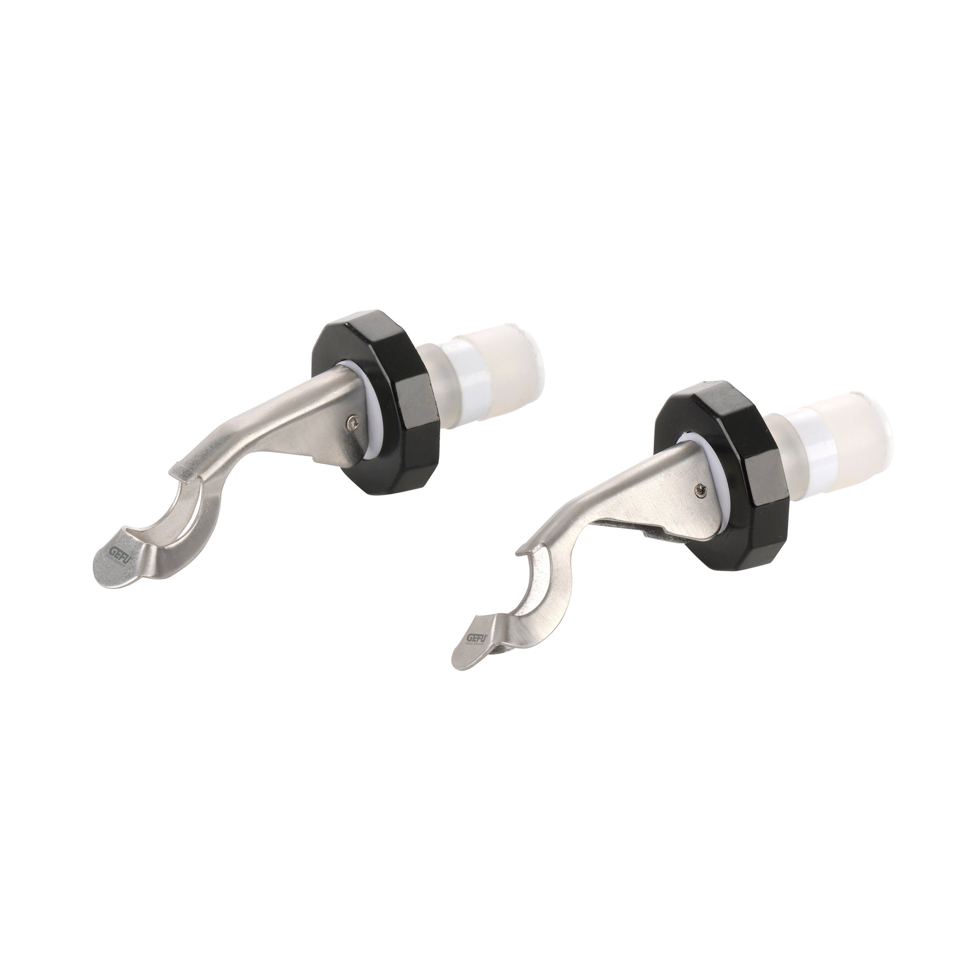 Bottle stopper set with black caps and chrome lever, two-piece design