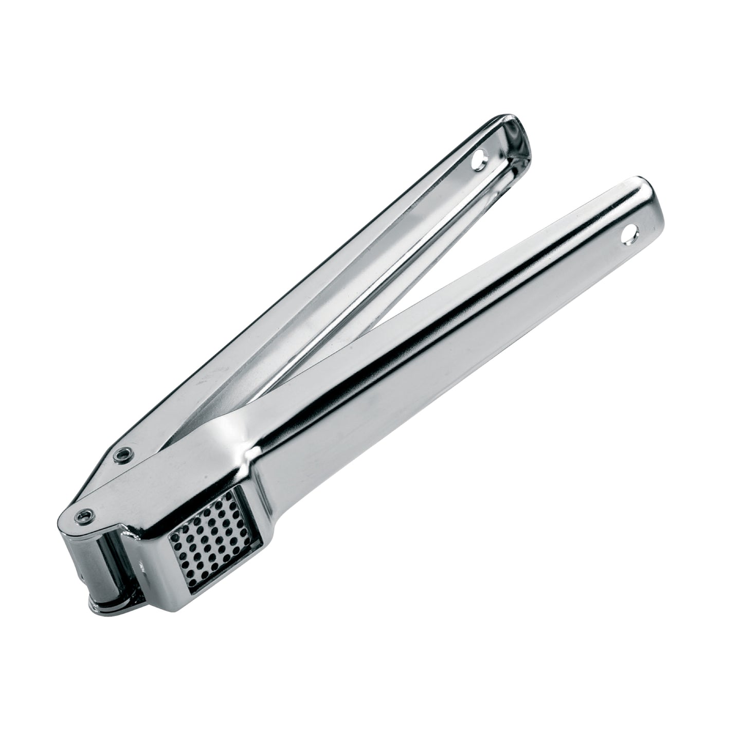 Stainless steel garlic press with hinged handles and perforated crushing plate