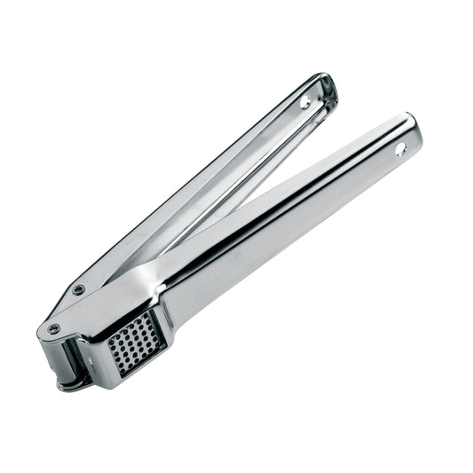 Stainless steel garlic press with hinged handles and perforated crushing plate